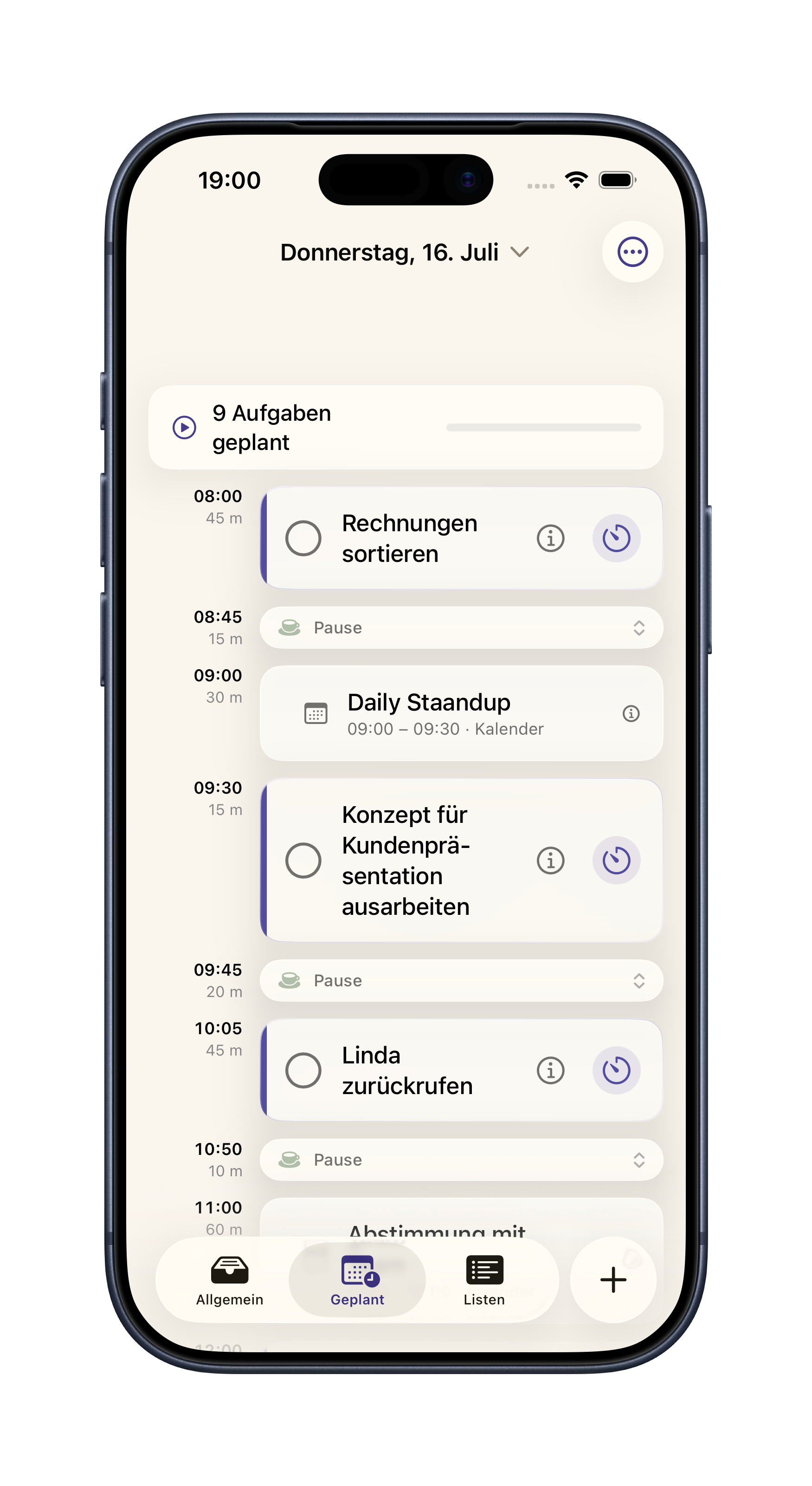 Todai Timeline mit Plan-Blöcken, Kalenderterminen und Pausen
